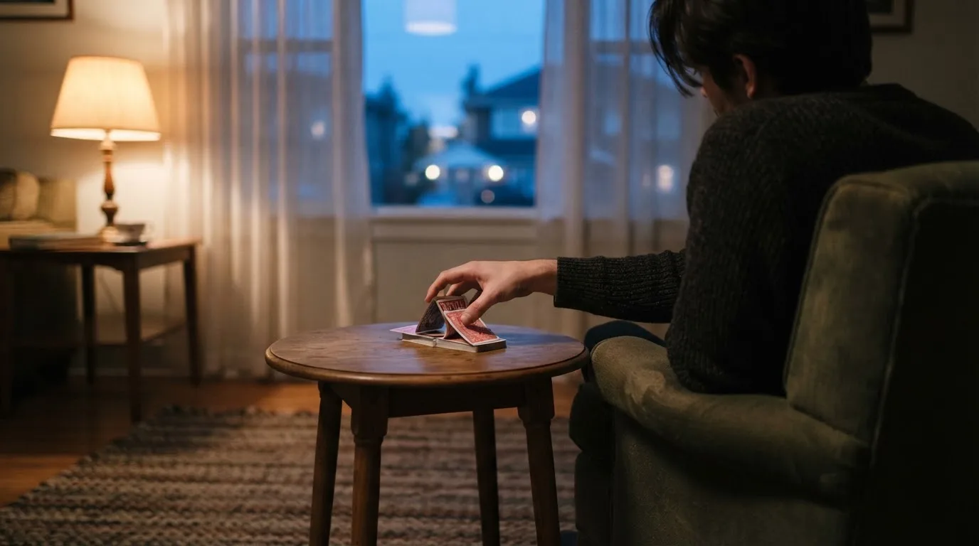 En person sitter hemma i en fåtölj och blandar en kortlek på ett litet bord, med mjukt kvällsljus genom fönstret i bakgrunden.