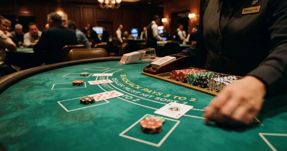 En närbild av ett grönt blackjackbord med kortlek, spelmarker i olika färger och suddiga händer som delar korten i mjukt ljus.