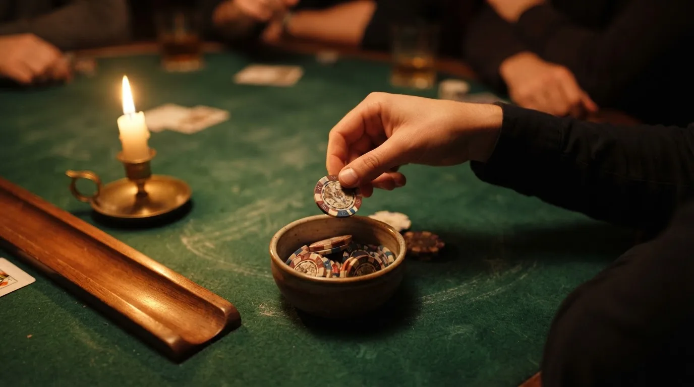En hand lyfter en spelmark ur en skål, ljuslågan färgar bordet gyllenbrunt — spela roulette i sverige