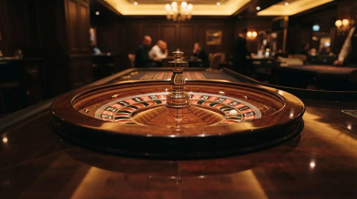 Ett roulettehjul snurrar på ett blankt träbord, den vita kulan glimmar i takljusets guld — spela spelautomater i sverige
