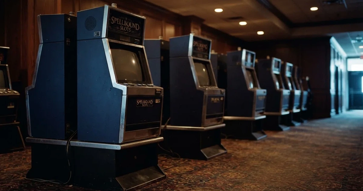 Rader av tomma spelautomater med släckta skärmar står uppställda i ett dimmat rum, fotograferat snett från sidan.