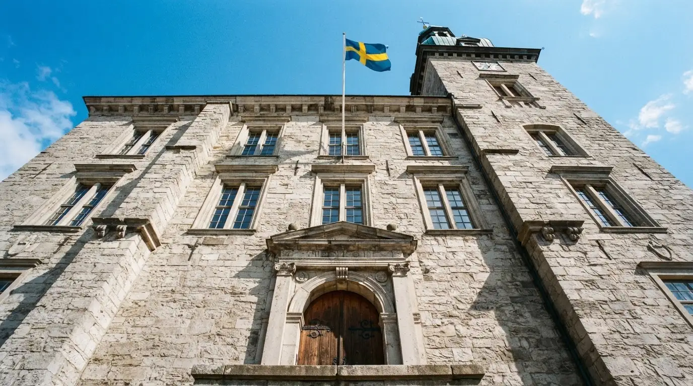 Ett gammalt stadshus i sten fotograferat underifrån mot en klarblå himmel, med den svenska flaggan som fladdrar ovanför entrén.