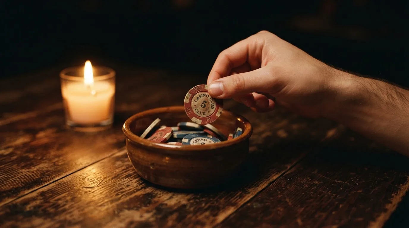 En hand lyfter en spelmark ur en skål, ljuslågan färgar bordet gyllenbrunt — spelautomater på nätet