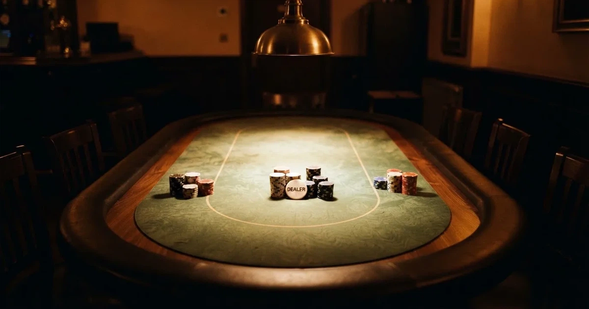 Ett ovalt pokerbord under en lågt hängande lampa, med spelmarker och en vit bricka i ljuset — spelautomater på nätet