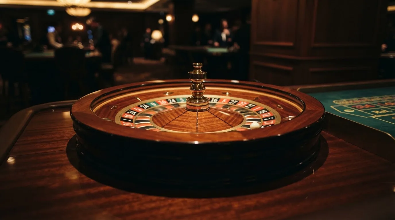 Ett roulettehjul snurrar på ett blankt träbord, den vita kulan glimmar i takljusets guld — svenska casino betala med telefon