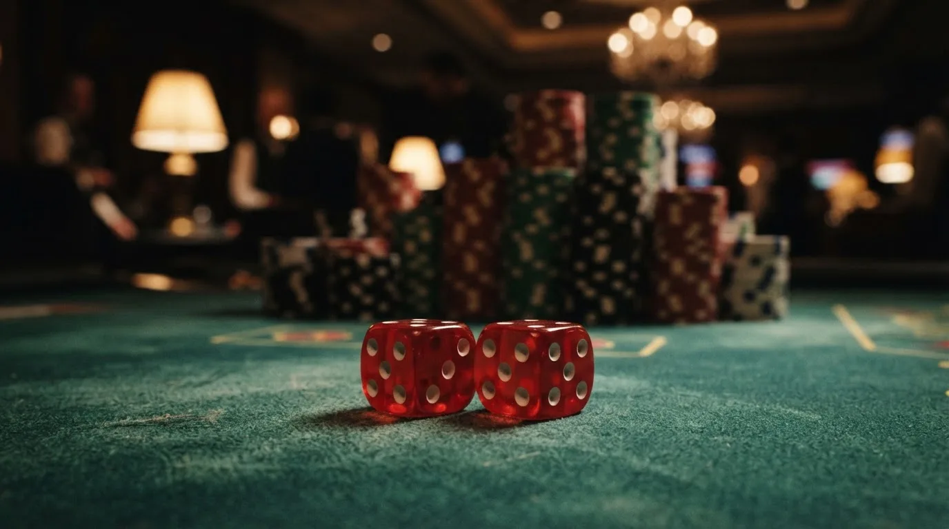Röda tärningar vilar på grönt filt, bakom dem suddiga torn av spelmarker i kvällsdunklet — svenska casinon för high rollers