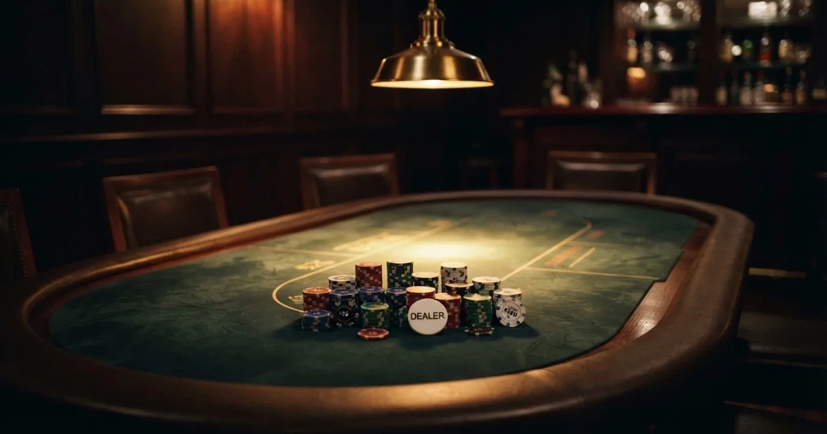 Ett ovalt pokerbord under en lågt hängande lampa, med spelmarker och en vit bricka i ljuset — svenska casinon för high rollers