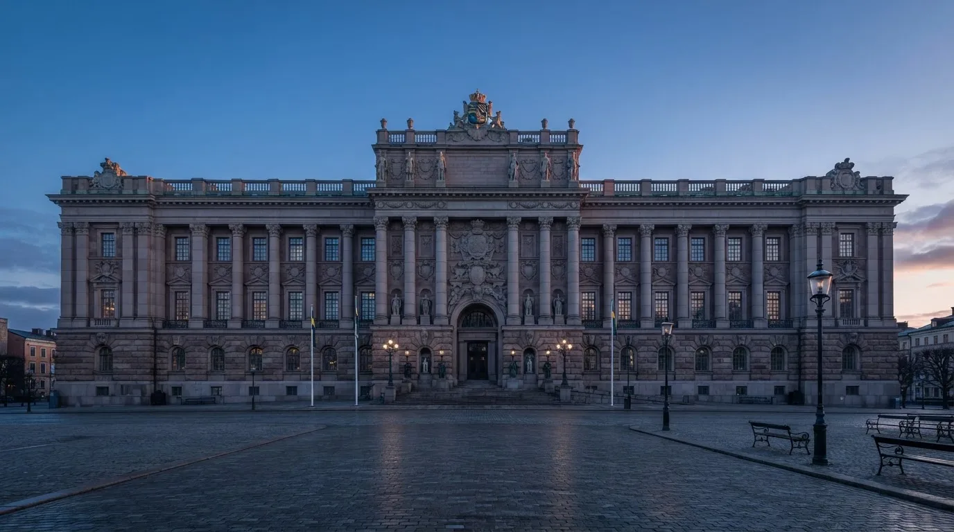 Stenfasad på en statlig byggnad i Stockholm vid gryning, höga pelare och ett tomt torg framför — svenska casinon för high rollers