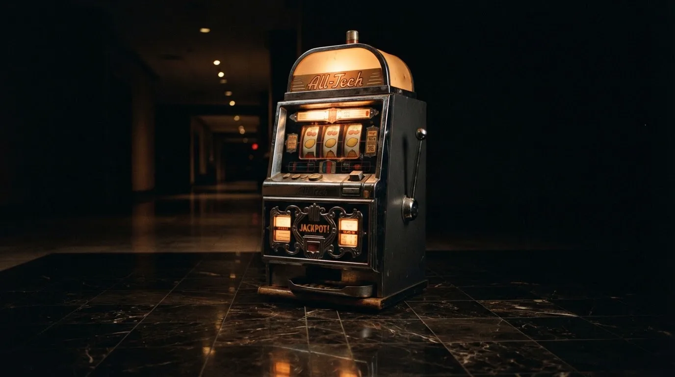 En gammal spelautomat lyser i den dunkla hallen och speglar sig i golvet — svenska casinon för storspelare