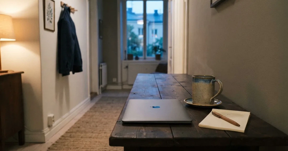 Kaffekopp och penna på ett smalt hallbord i skymning, en stängd bärbar dator vid sidan — svenska casinon med astropay