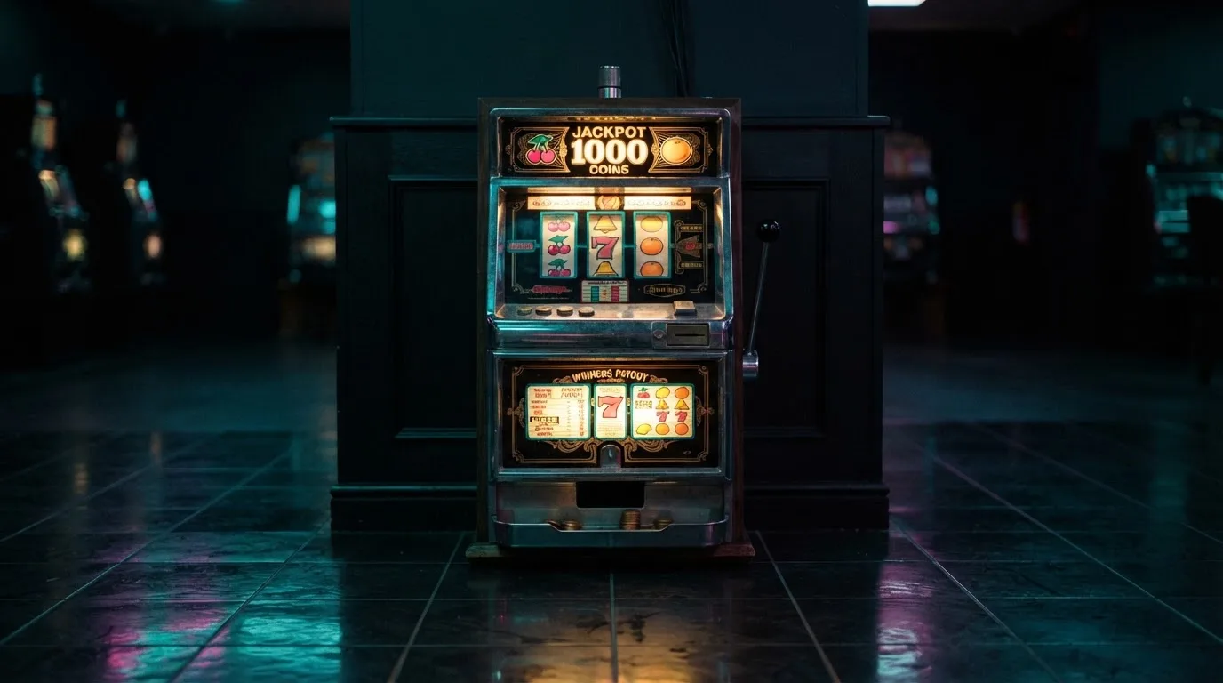 En gammal spelautomat lyser i den dunkla hallen och speglar sig i golvet — svenska casinon med banköverföring