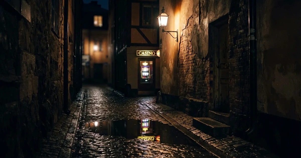 En mörk sidogränd efter regn, vått kullersten speglar ett enda gult gatlyktsljus — svenska casinon med bitcoin