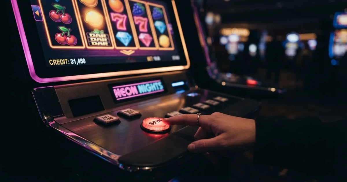 Ett finger trycker på spelautomatens klarröda knapp i dunklet, neonljus lyser runt omkring — svenska casinon med bonus