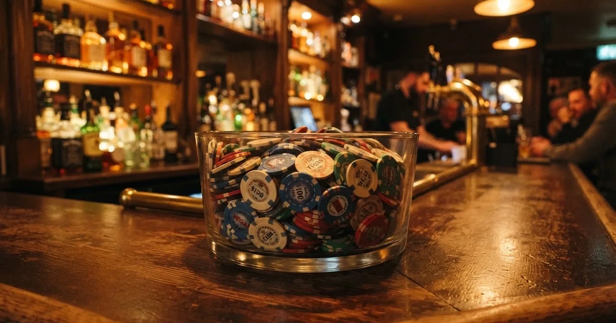 En glasskål full av färgglada spelmarker på en bardisk, flaskor glöder bakom i bärnstensfärg — svenska casinon med bonuskoder