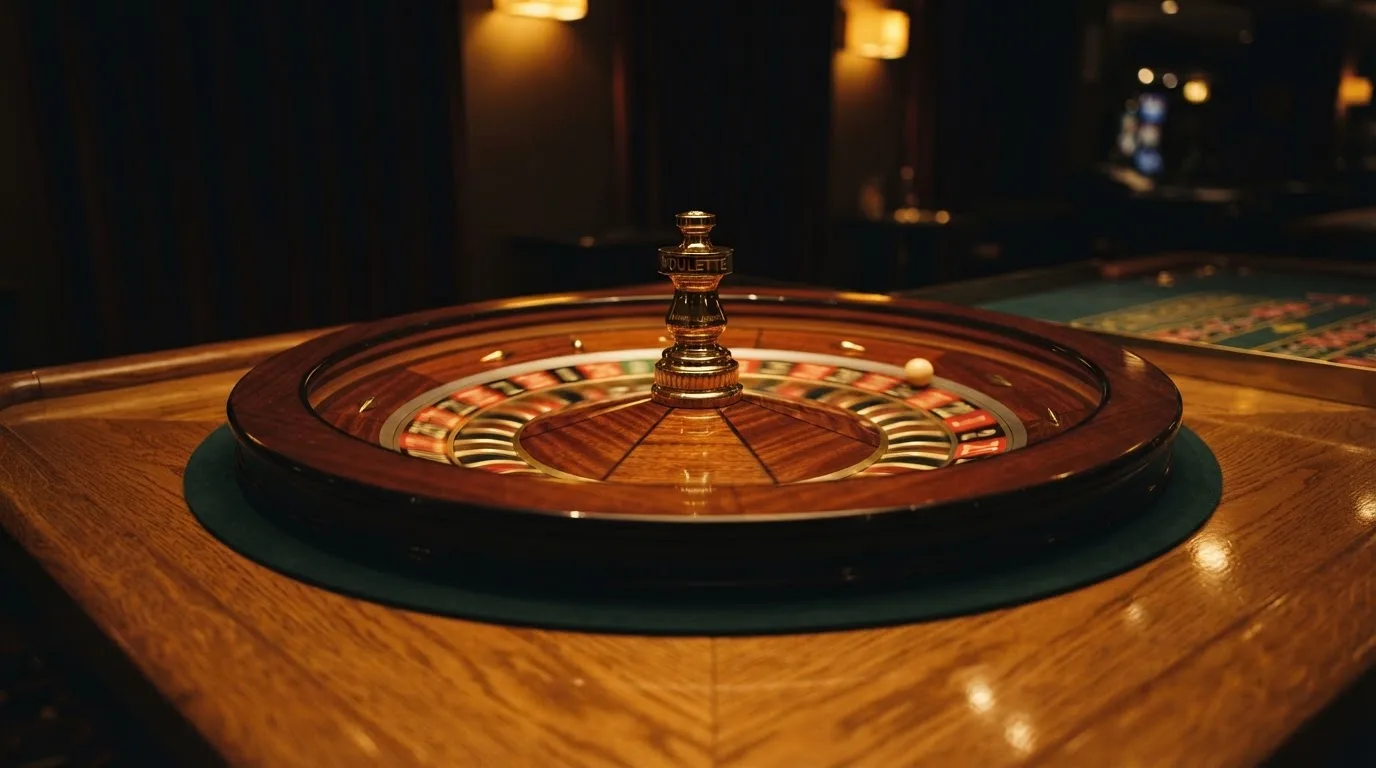 Ett roulettehjul snurrar på ett blankt träbord, den vita kulan glimmar i takljusets guld — svenska casinon med brite