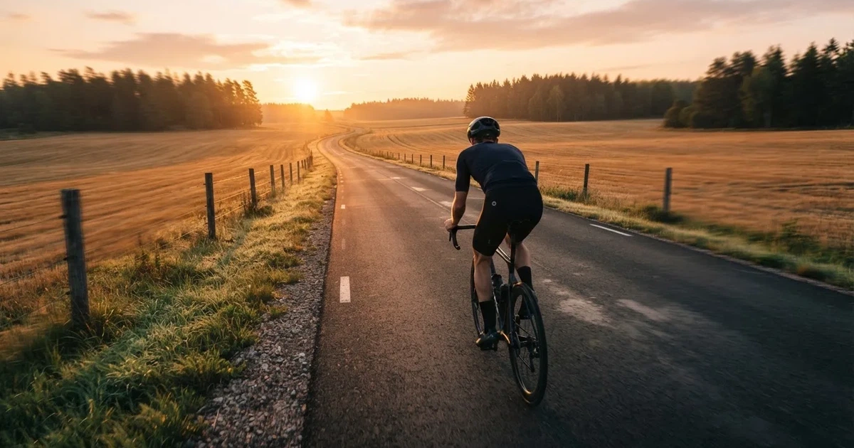 En cyklist susar längs en landsväg vid soluppgång, farten gör åkrarna suddiga i bakgrunden — svenska casinon med brite