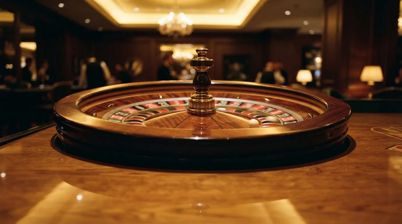 Ett roulettehjul snurrar på ett blankt träbord, den vita kulan glimmar i takljusets guld — svenska casinon med dogecoin