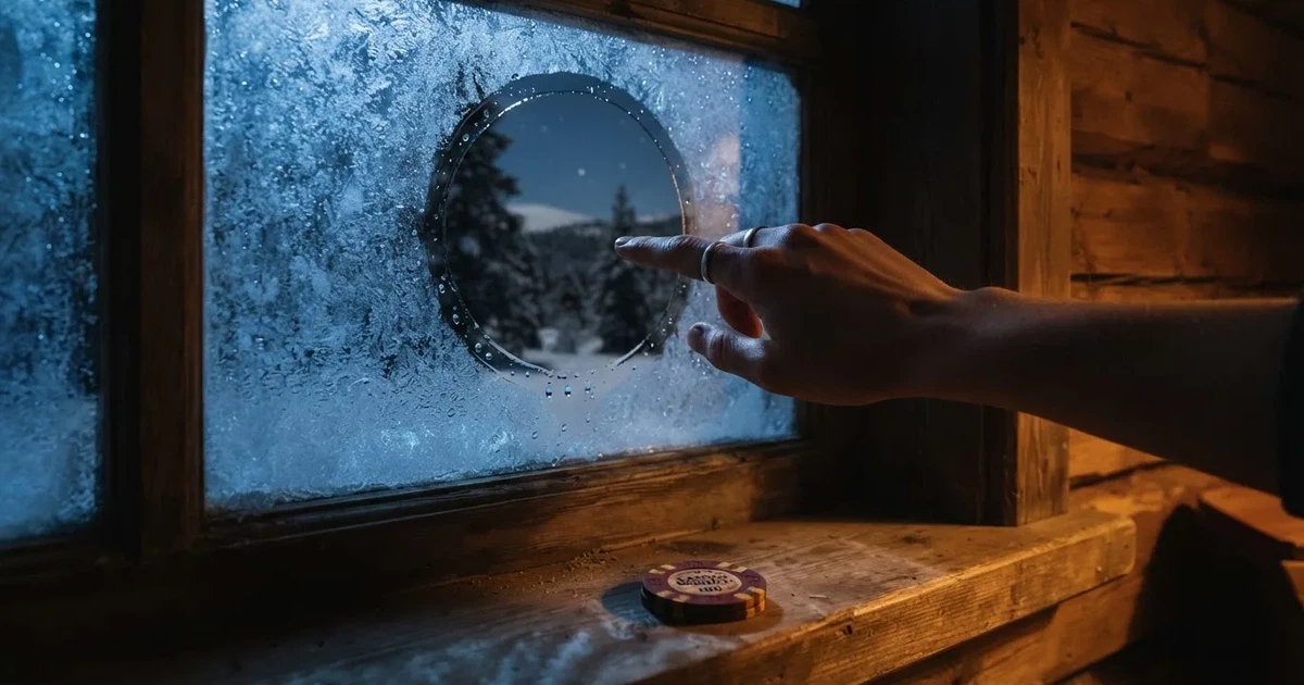 Frostig fönsterruta i ett svagt upplyst rum, en cirkel ritad med fingret och månbelyst skog bakom — svenska casinon med dogecoin