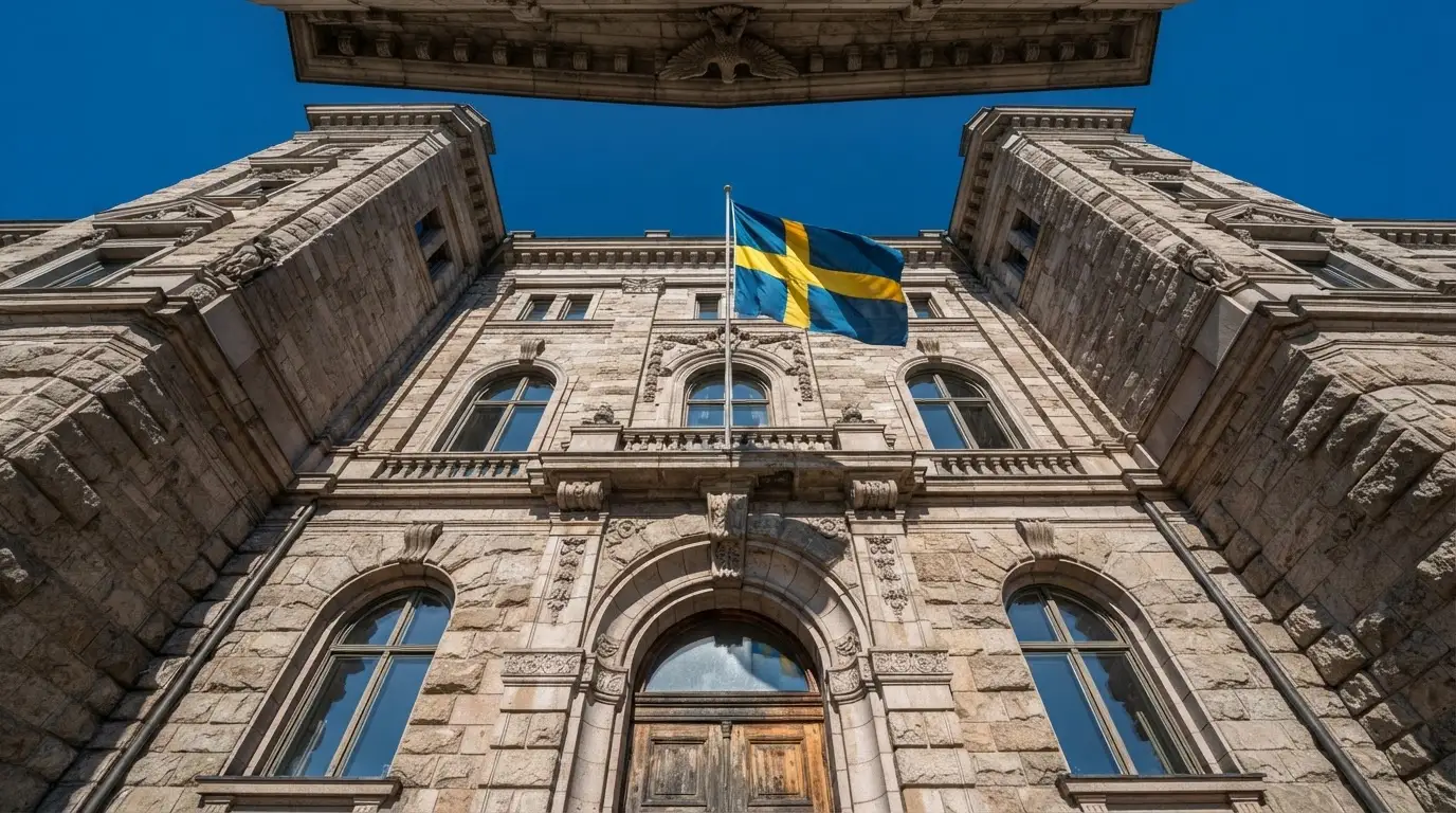 Ett gammalt stadshus i sten fotograferat underifrån mot en klarblå himmel, med den svenska flaggan som fladdrar ovanför entrén.