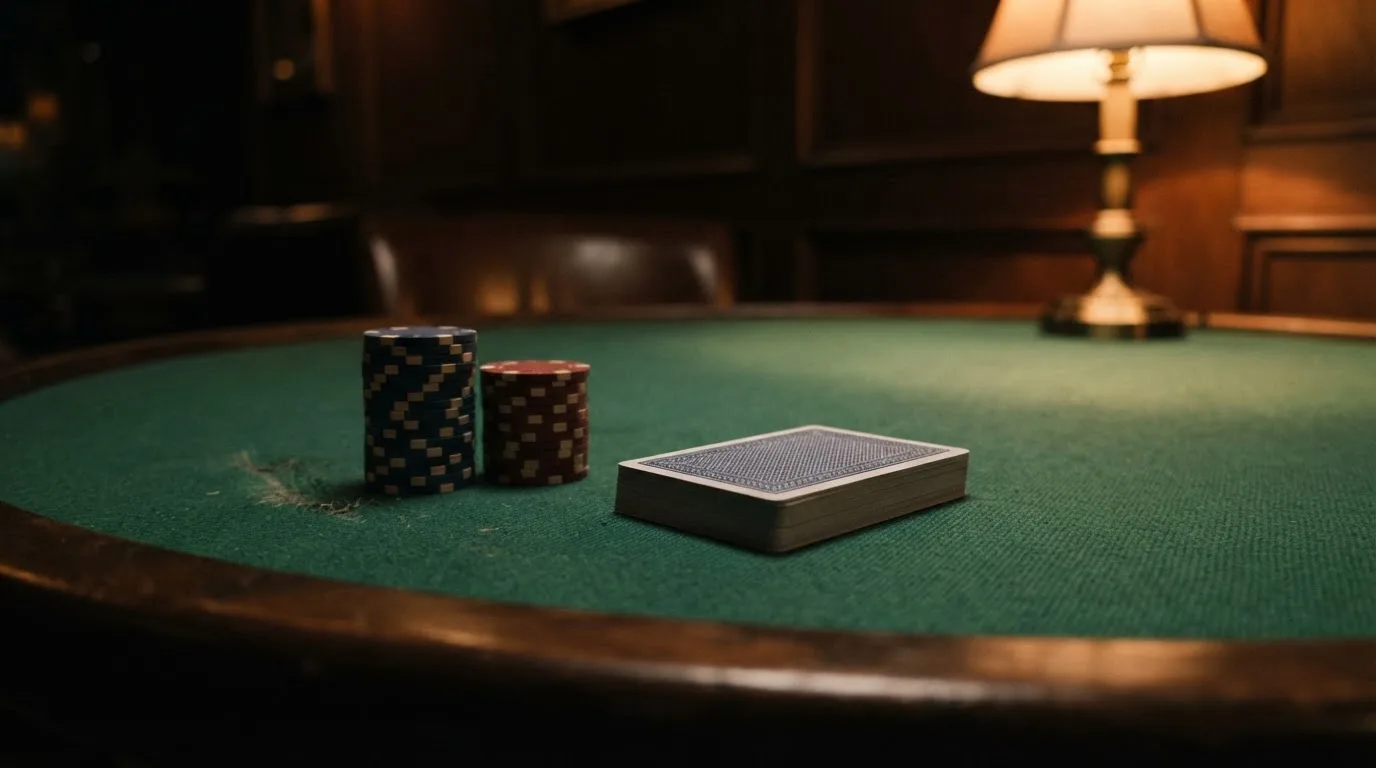 Kortlek och staplar av spelmarker på ett grönt filtbord i en dunkel salong, varmt lampsken — svenska casinon med faktura