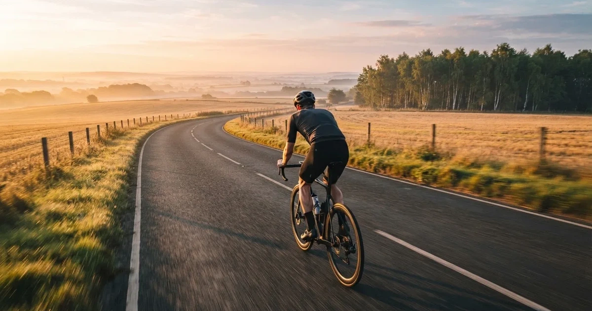 En cyklist susar längs en landsväg vid soluppgång, farten gör åkrarna suddiga i bakgrunden — svenska casinon med faktura