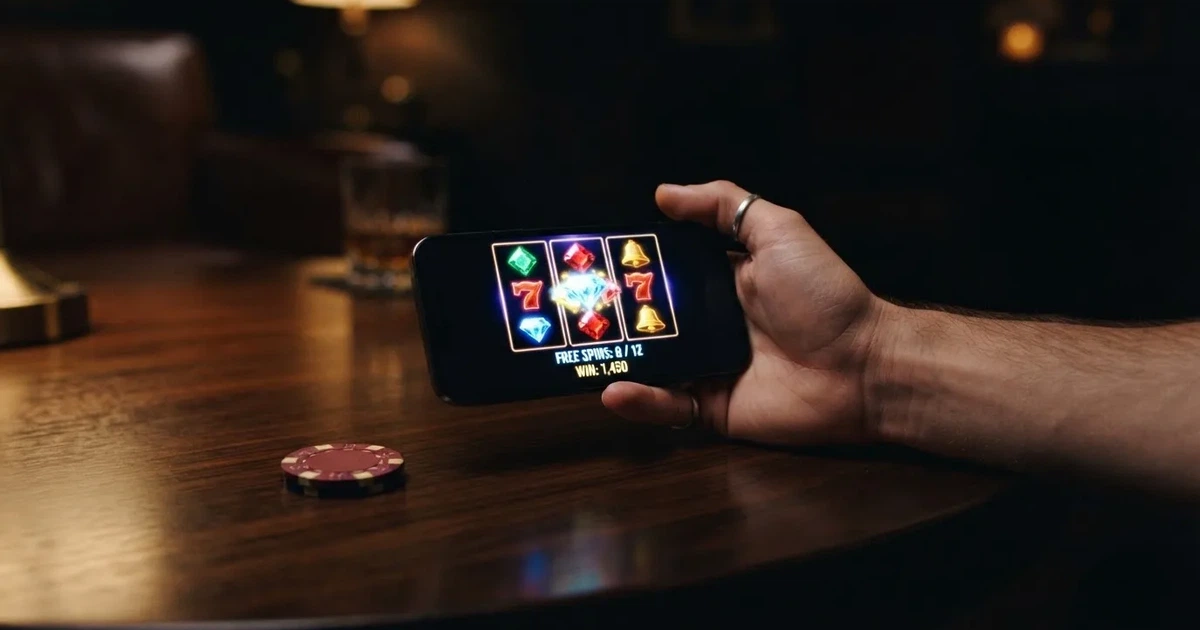 En hand håller upp en smartphone med skärmen vänd nedåt bredvid glittrande konfetti och guldmynt på ett mörkt bord.