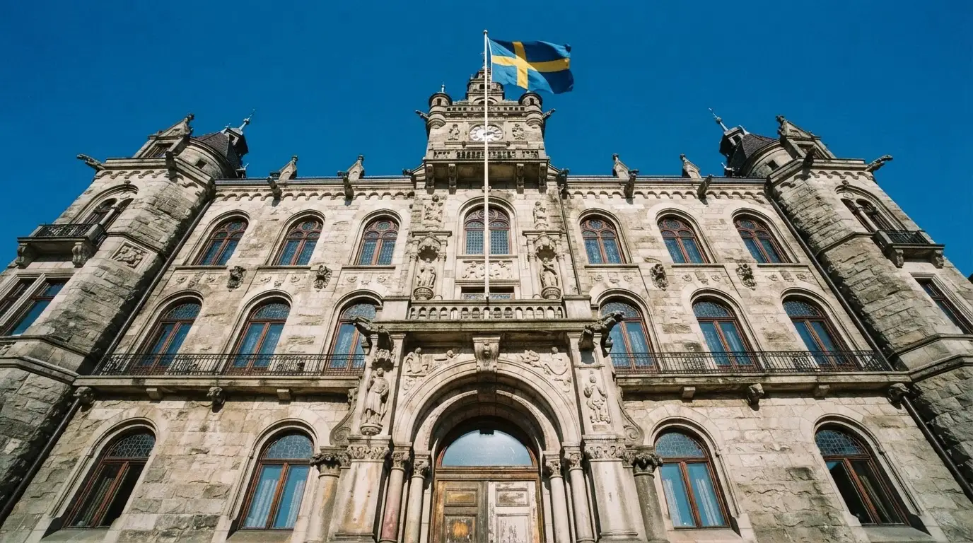 Ett gammalt stadshus i sten fotograferat underifrån mot en klarblå himmel, med den svenska flaggan som fladdrar ovanför entrén.