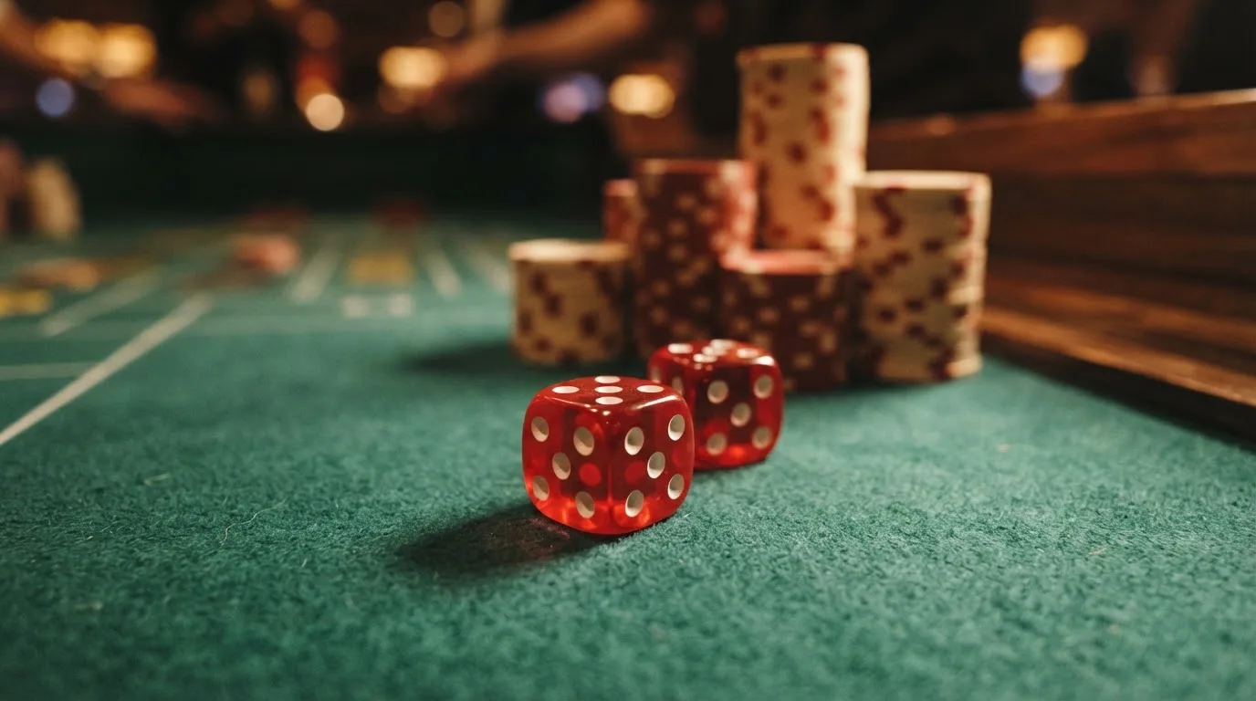 Röda tärningar vilar på grönt filt, bakom dem suddiga torn av spelmarker i kvällsdunklet — svenska casinon med google pay