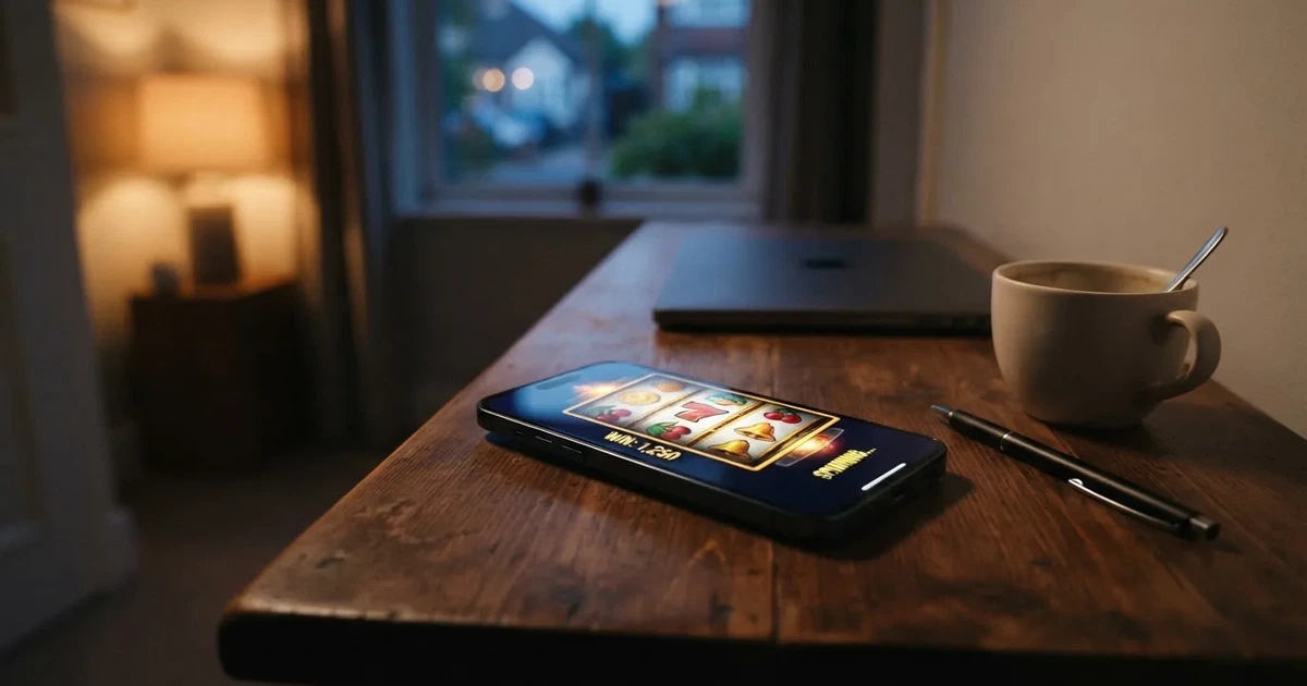 Kaffekopp och penna på ett smalt hallbord i skymning, en stängd bärbar dator vid sidan — svenska casinon med google pay