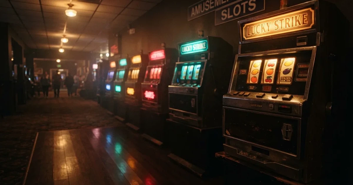 En rad spelskåp i en dunkel hall, rullarna lyser i olika färger och golvet speglar dem — svenska casinon med högst rtp