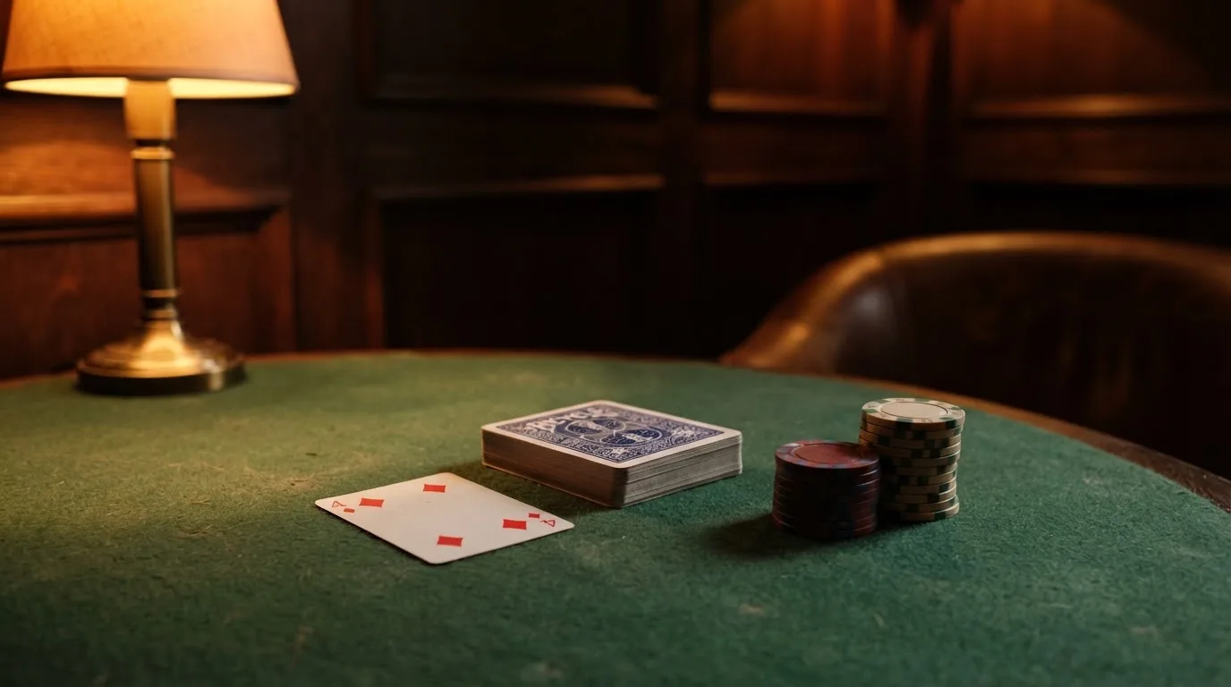 Kortlek och staplar av spelmarker på ett grönt filtbord i en dunkel salong, varmt lampsken — svenska casinon med jeton
