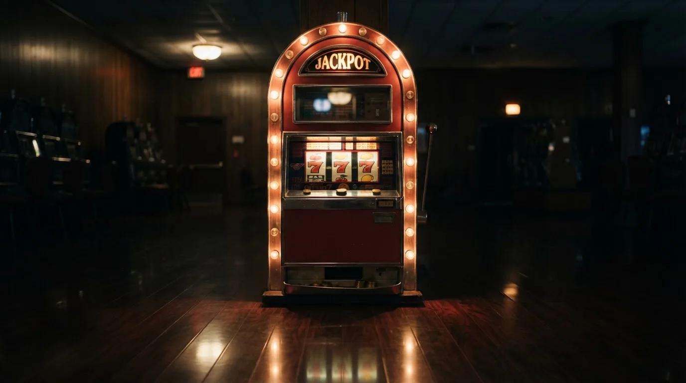 En gammal spelautomat lyser i den dunkla hallen och speglar sig i golvet — svenska casinon med keno