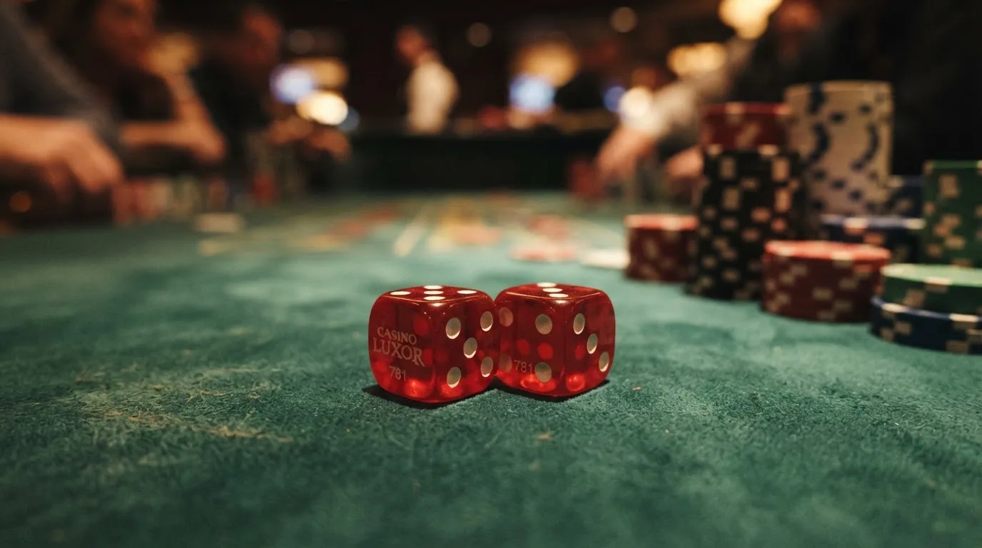 Röda tärningar vilar på grönt filt, bakom dem suddiga torn av spelmarker i kvällsdunklet — svenska casinon med klarna