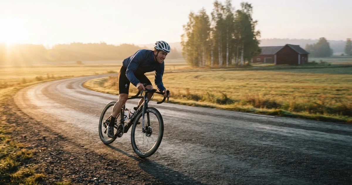En cyklist susar längs en landsväg vid soluppgång, farten gör åkrarna suddiga i bakgrunden — svenska casinon med klarna