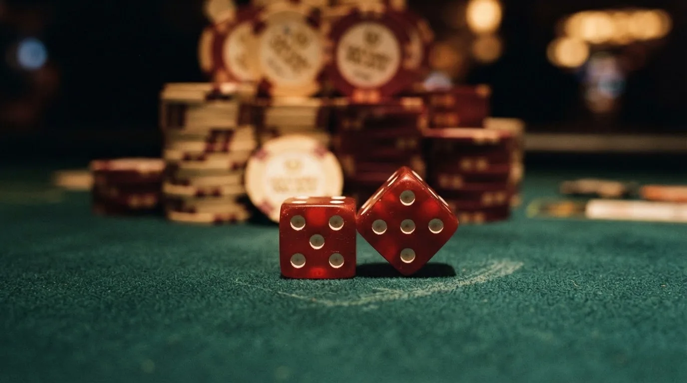 Röda tärningar vilar på grönt filt, bakom dem suddiga torn av spelmarker i kvällsdunklet — svenska casinon med litecoin