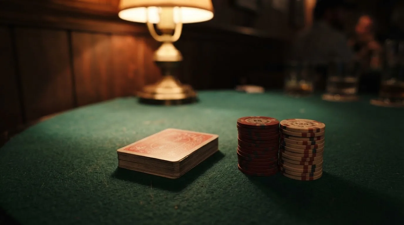 Kortlek och staplar av spelmarker på ett grönt filtbord i en dunkel salong, varmt lampsken — svenska casinon med mastercard