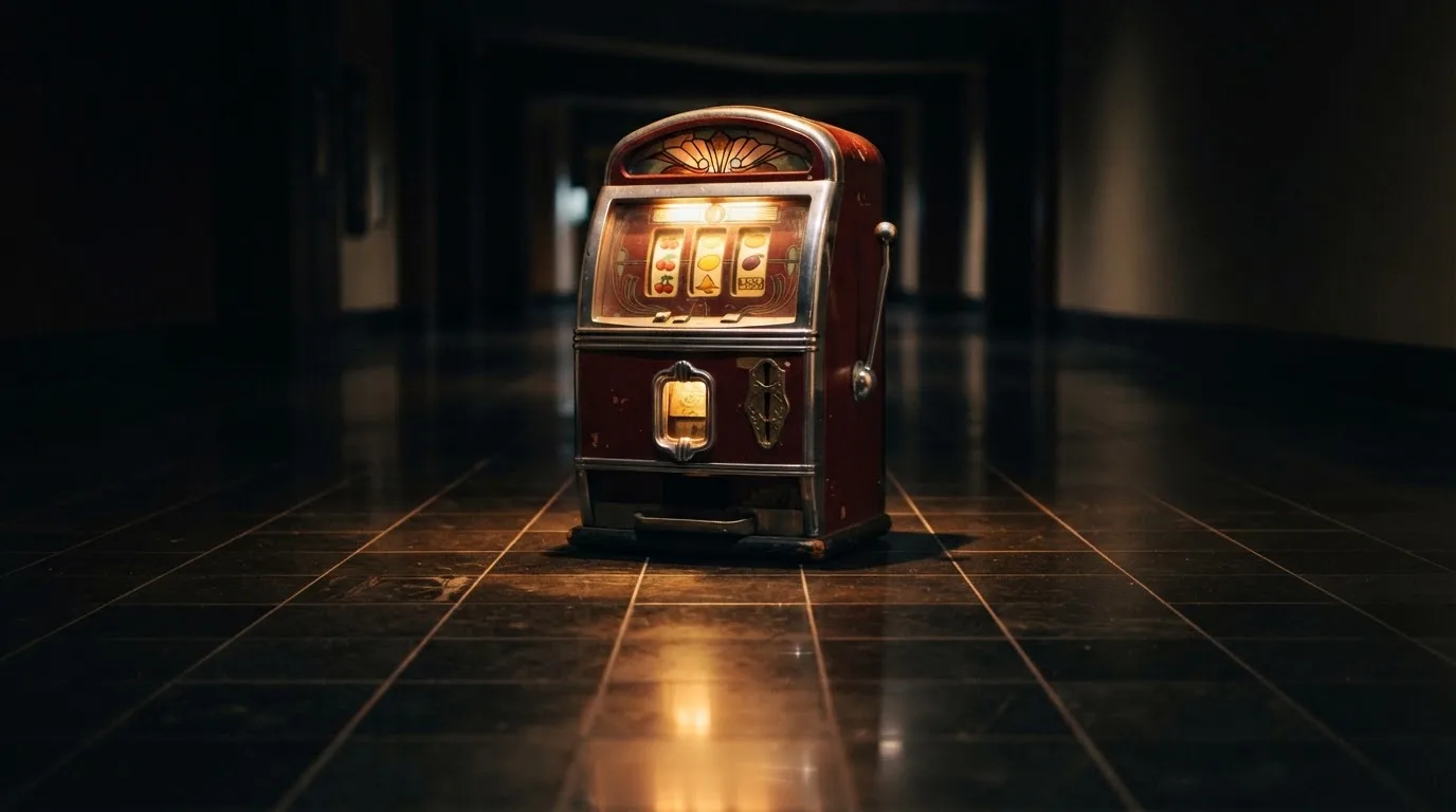 En gammal spelautomat lyser i den dunkla hallen och speglar sig i golvet — svenska casinon med mga licens