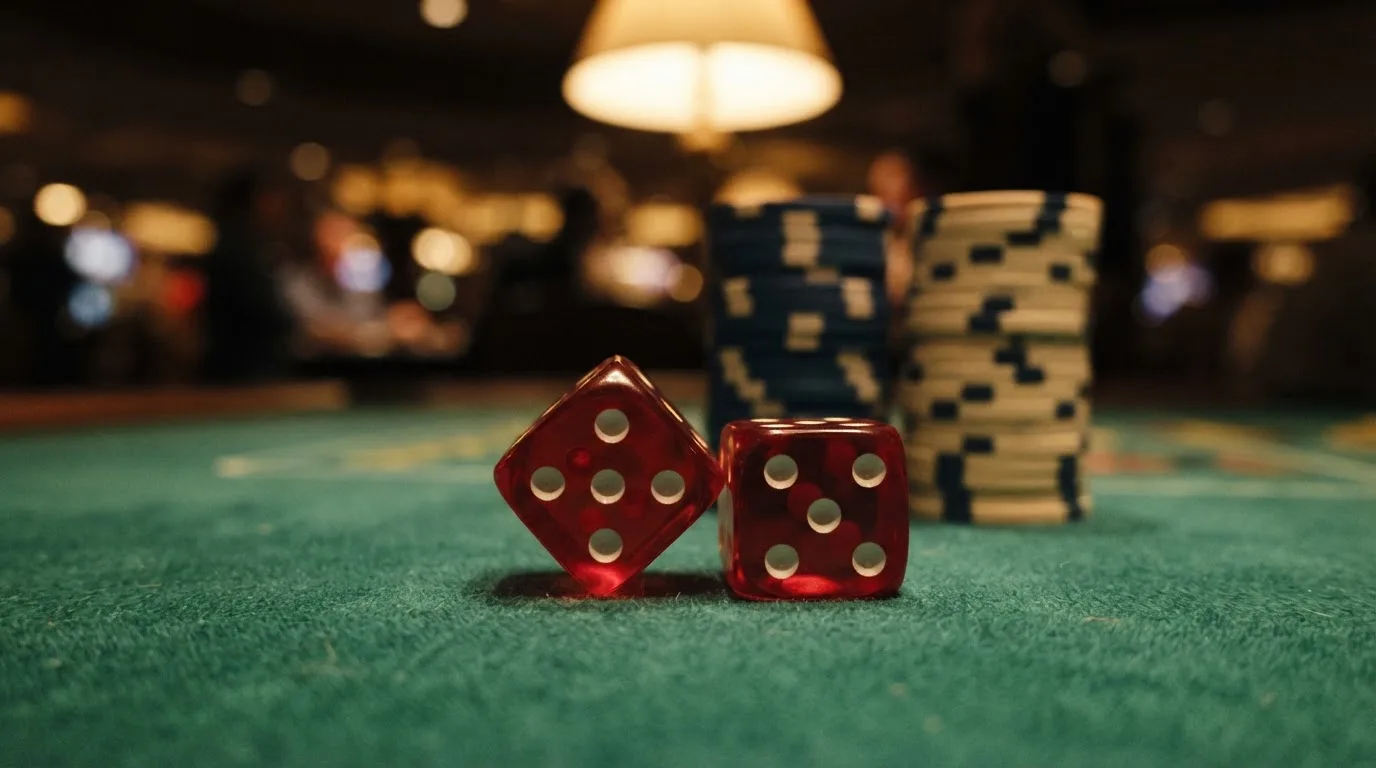 Röda tärningar vilar på grönt filt, bakom dem suddiga torn av spelmarker i kvällsdunklet — svenska casinon med neosurf