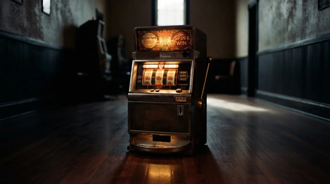 En gammal spelautomat lyser i den dunkla hallen och speglar sig i golvet — svenska casinon med neteller