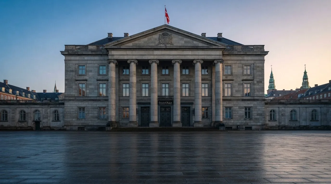 Stenfasad på en statlig byggnad i Stockholm vid gryning, höga pelare och ett tomt torg framför — svenska casinon med neteller