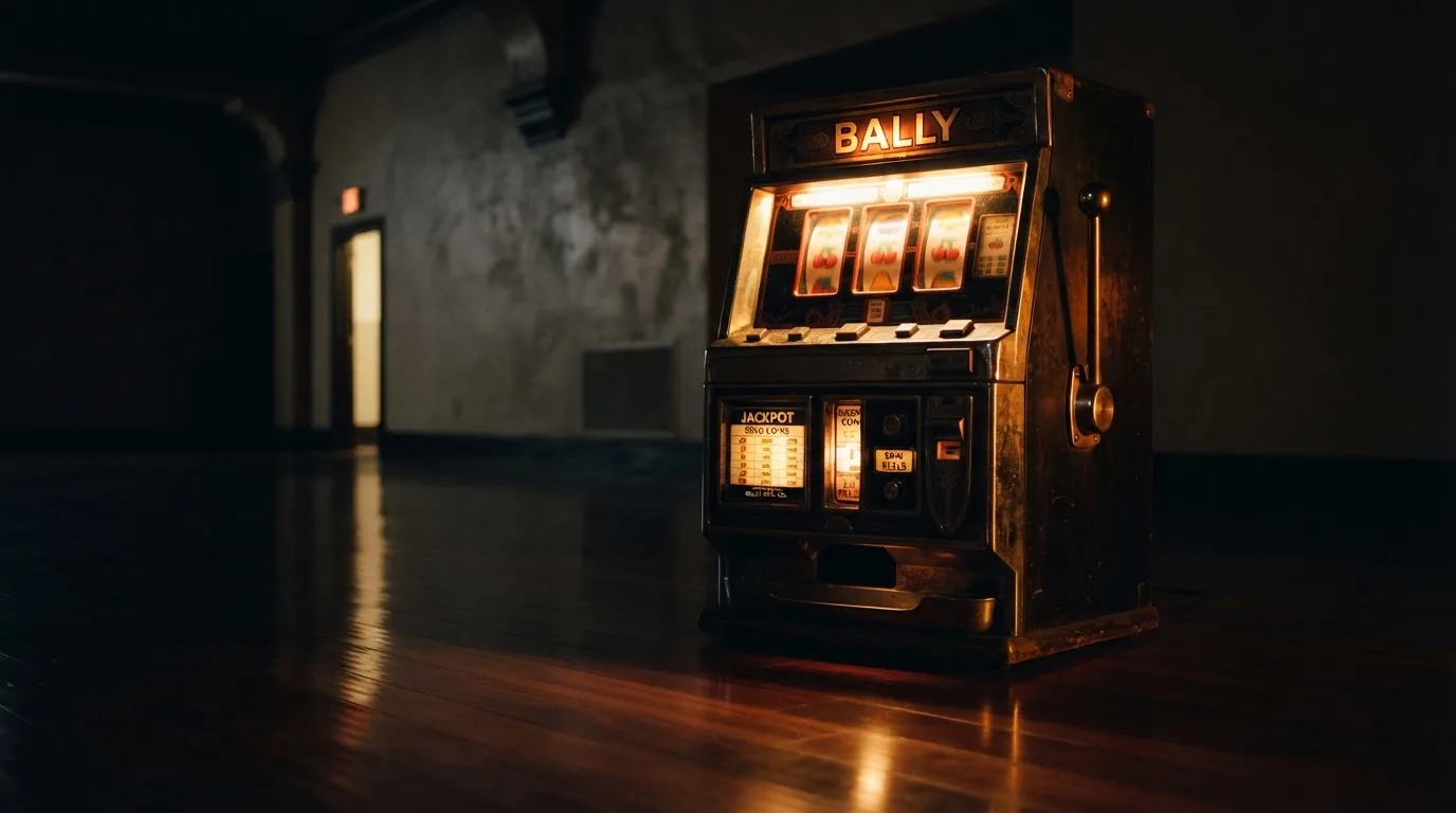 En gammal spelautomat lyser i den dunkla hallen och speglar sig i golvet — svenska casinon med paypal