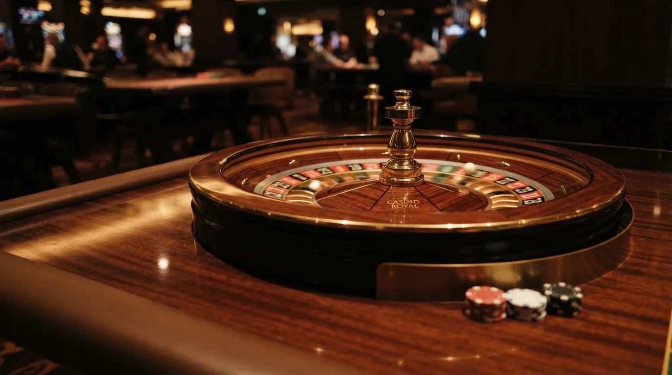 Ett roulettehjul snurrar på ett blankt träbord, den vita kulan glimmar i takljusets guld — svenska casinon med paysafecard
