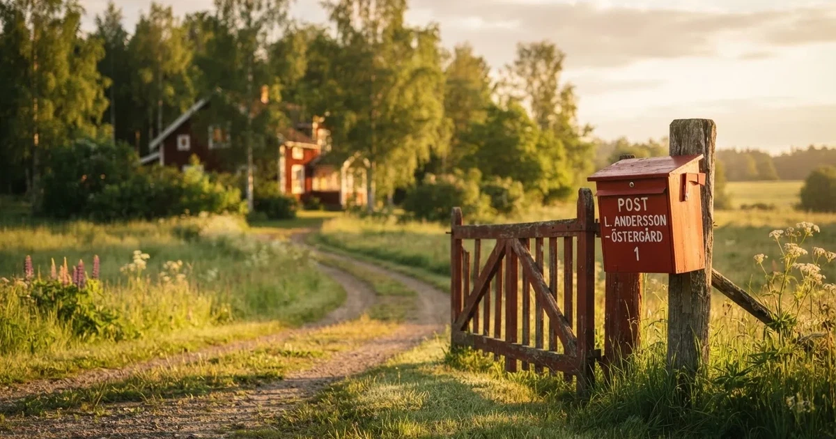 En röd brevlåda vid grinden till en lantgård en sommarkväll, daggigt gräs och långa skuggor — svenska casinon med paysafecard