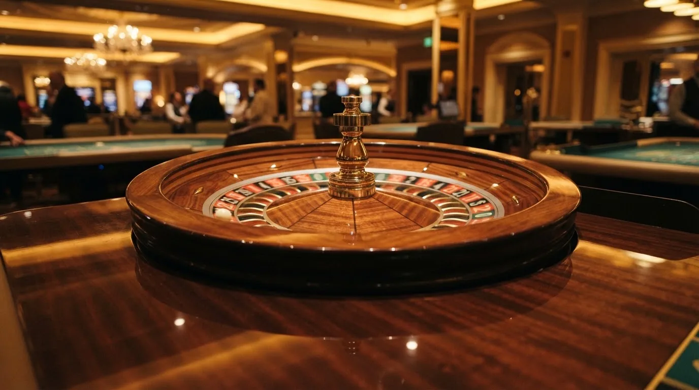 Ett roulettehjul snurrar på ett blankt träbord, den vita kulan glimmar i takljusets guld — svenska casinon med payz