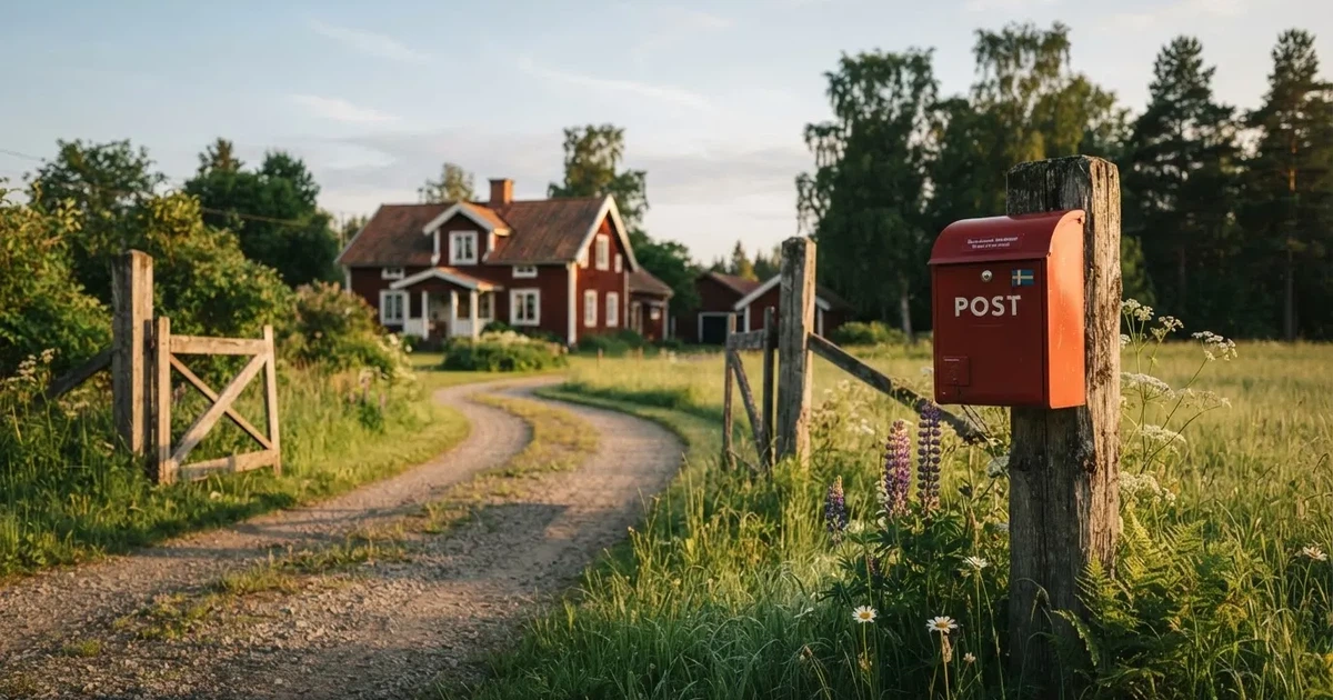 En röd brevlåda vid grinden till en lantgård en sommarkväll, daggigt gräs och långa skuggor — svenska casinon med payz
