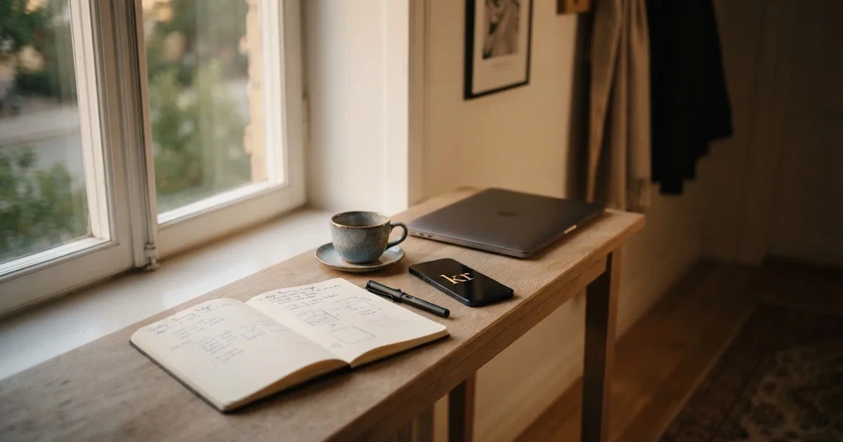 Kaffekopp och penna på ett smalt hallbord i skymning, en stängd bärbar dator vid sidan — svenska casinon med revolut