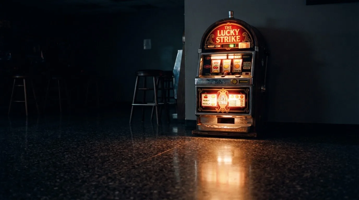 En gammal spelautomat lyser i den dunkla hallen och speglar sig i golvet — svenska casinon med siru
