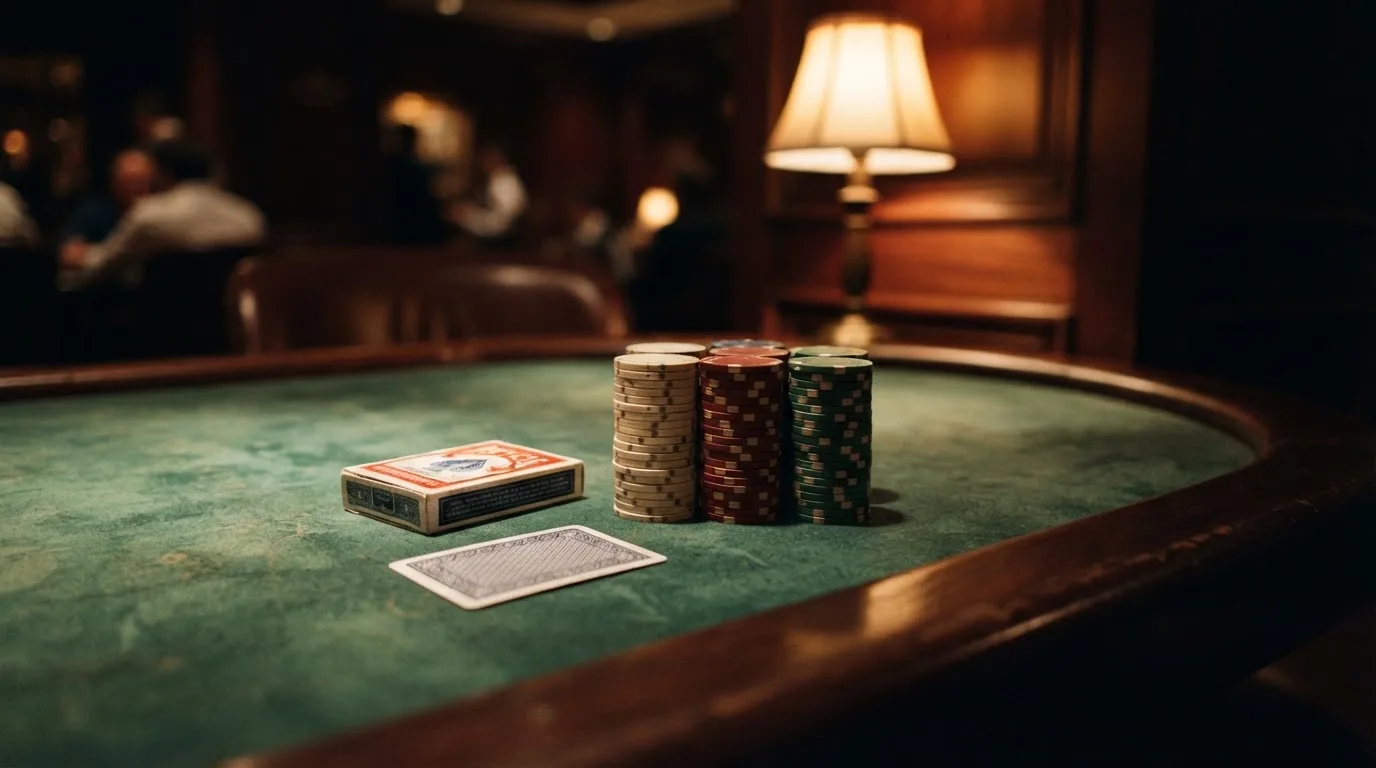 Kortlek och staplar av spelmarker på ett grönt filtbord i en dunkel salong, varmt lampsken — svenska casinon med skrill