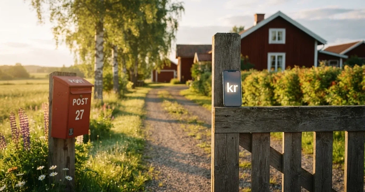 En röd brevlåda vid grinden till en lantgård en sommarkväll, daggigt gräs och långa skuggor — svenska casinon med skrill