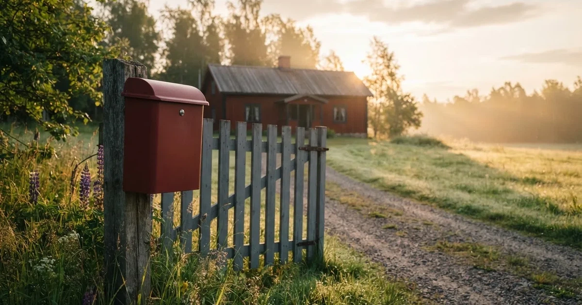 En röd brevlåda vid grinden till en lantgård en sommarkväll, daggigt gräs och långa skuggor — svenska casinon med sms betalning